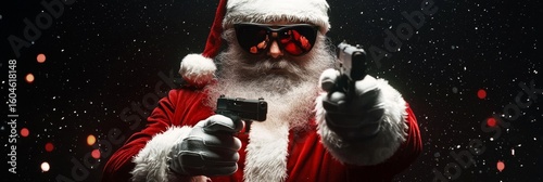 A fierce Santa Claus dons sunglasses and wields guns. 