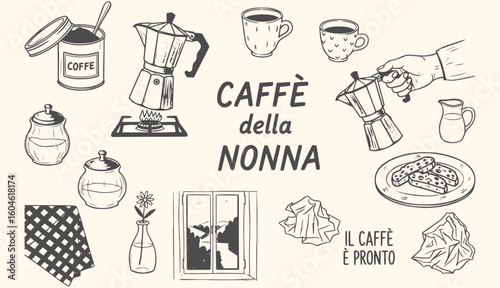 Grandma's Coffee Caffè della Nonna vector illustration set. Hand drawn vintage line art of Italian coffee culture with moka pot, cups, and cozy home elements for design projects.