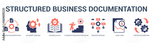 Structured Business Documentation Modern and clean web banner illustration featuring thematic icons for visual communication