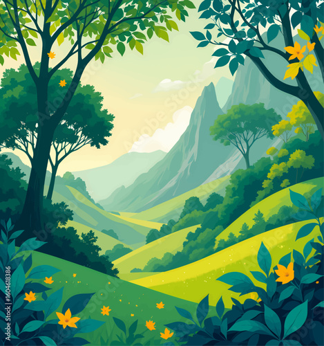 Lush Forest Valley with Mountains and Yellow Flowers