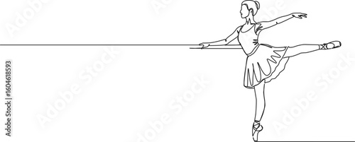 continuous single line drawing of female ballet dancer at ballet bar, line art vector illustration