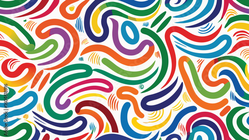 Collection colorful bold curved lines with loops isolated on white. Hand drawn bold grunge wavy and swirled brush strokes. Simple childish vector scribbles and squiggles.children, curve, paint, 