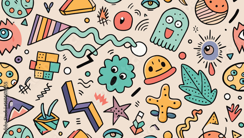  Crayon drawn vector childish illustration with naive icons. Simple cute elements, squiggles, outline car, cactus, stars, rainbow. Kid doodle lines,children, rainbow, cartoon, crayon, doodle, fun,