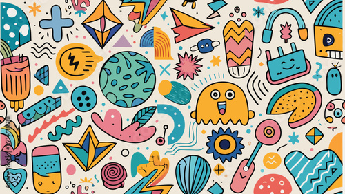  Crayon drawn vector childish illustration with naive icons. Simple cute elements, squiggles, outline car, cactus, stars, rainbow. Kid doodle lines,children, rainbow, cartoon, crayon, doodle, fun,