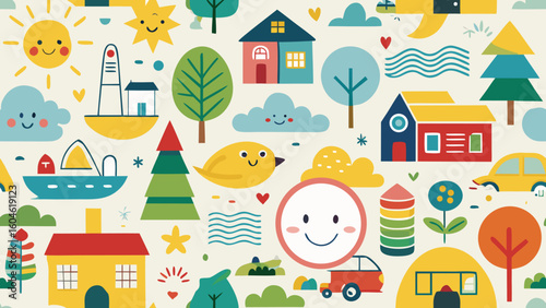 Funky childish doodles and icons drawn with crayon. Cute kid scribble doodle icons set. Child games, toys and drawings. Hand drawn cute vector illustrations. Flower, heart, cloud, car,backgrounds, 