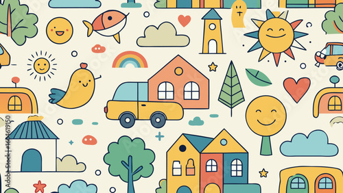 Funky childish doodles and icons drawn with crayon. Cute kid scribble doodle icons set. Child games, toys and drawings. Hand drawn cute vector illustrations. Flower, heart, cloud, car,backgrounds, 