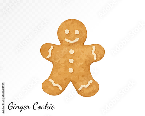 Single gingerbread cookie shaped like a man, painted in warm brown tones with icing decoration in cozy watercolor style and holiday-themed detail. Vector illustration.