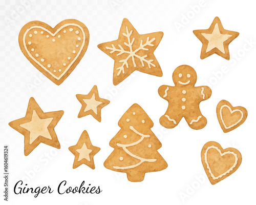 Set of assorted gingerbread cookies in heart, star, tree, and man shapes, painted in warm cozy watercolor tones with festive sweet detail and soft texture. Vector illustration.