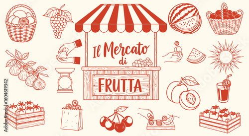 Italian Fruit Market (Il Mercato di Frutta) vector illustration set. Hand drawn vintage engraving style of market stall, fruit, and summer elements for food, travel, and design projects.