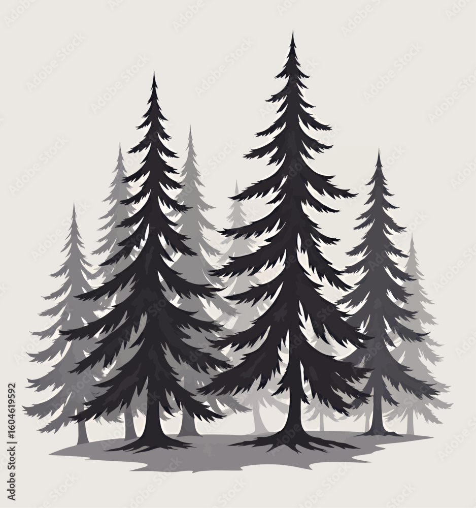 Obraz premium Monochrome Forest Silhouettes: Winter's Serene Pine Trees