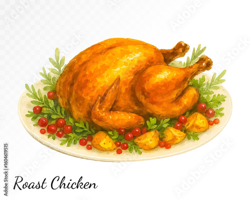 Whole roasted chicken with vegetables on a plate, hand-painted in cozy autumn watercolor style with warm festive rustic food vibes. Vector illustration.