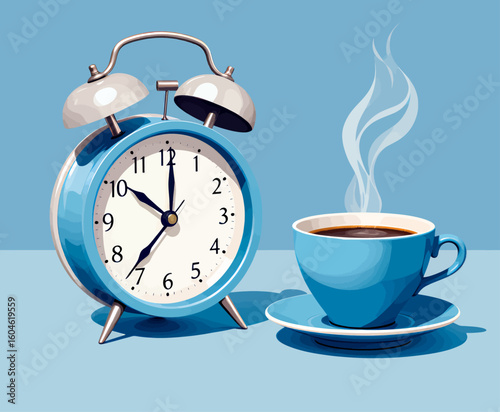 Morning Serenity: Blue Alarm Clock and Coffee Cup with Steam