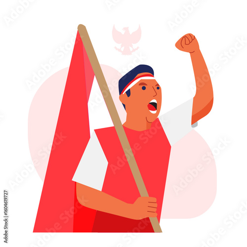 Vector Illustration Enthusiastic Man Shouting and bring Indonesia flag for Indonesian Independence Day