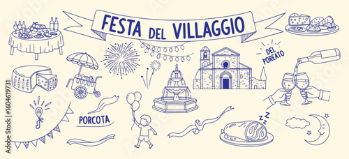 Italian Village Festival (Festa del Villaggio) vector illustration set. Hand drawn line art of traditional food, celebration, and cultural elements for travel, event, and Italian design projects.