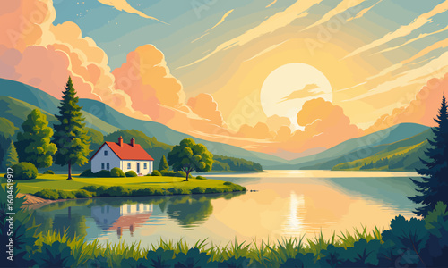 Peaceful Lakeside Sunset with Cottage and Mountain Reflection