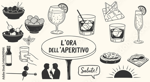 Italian Aperitivo Hour (L'ora dell'Aperitivo) vector illustration set. Hand drawn vintage line art of cocktails, snacks, and social elements for menu, bar, restaurant, and Italian culture design.
