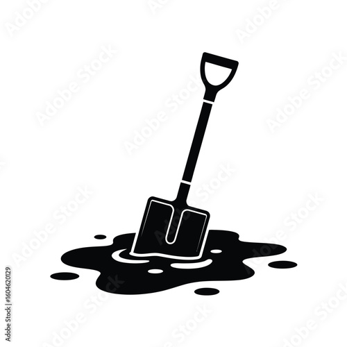 Black and white shovel in a puddle of oil illustration