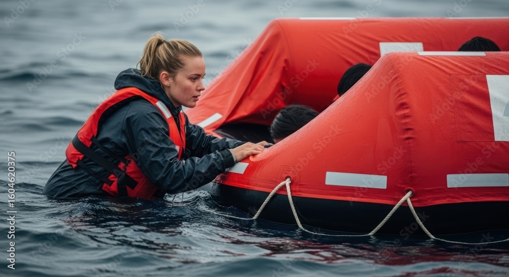 Naklejka premium A woman in a life jacket on a boat in the ocean.