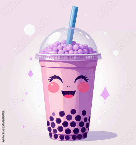 Purple Boba Tea Cup with Smiley Face and Sparkles