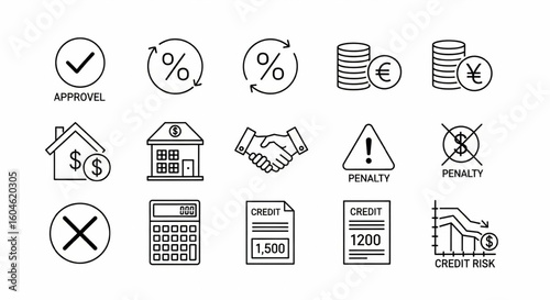 Loan and Financing Line Icon Set – Approval, Interest Rate, Repayment, Mortgage, Agreement, Credit Score, Risk Vector Illustration

