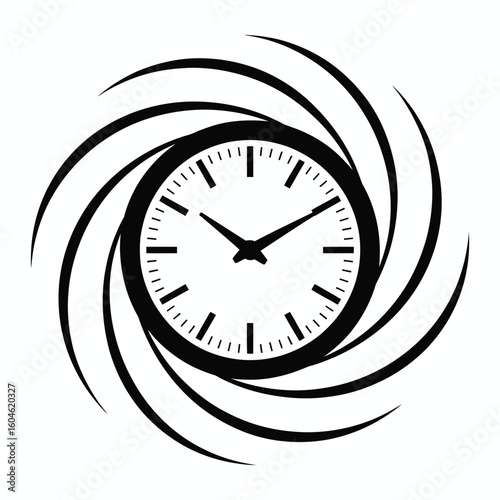 Abstract Clock Icon with Swirling Lines in Black and White