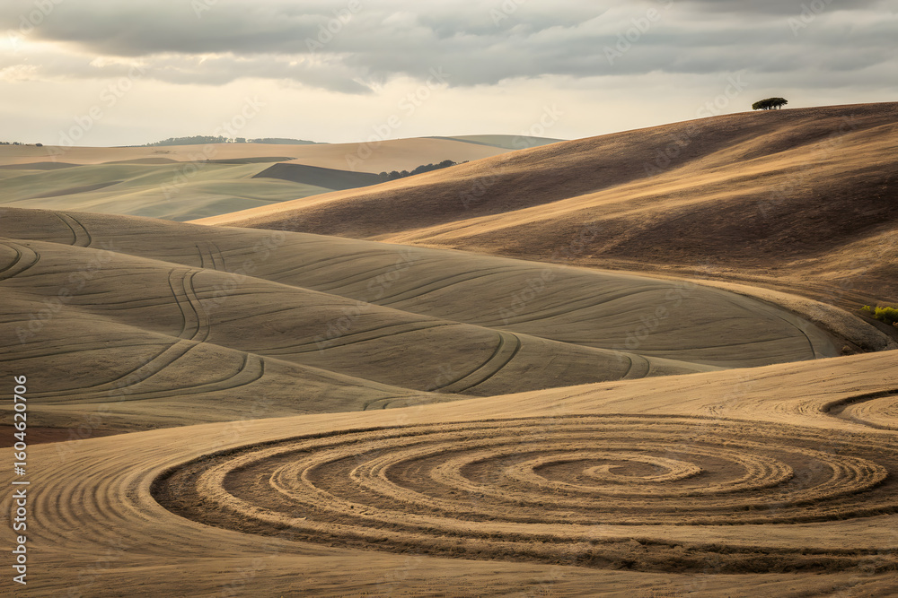 Fototapeta premium Spiral pattern on rolling brown hills