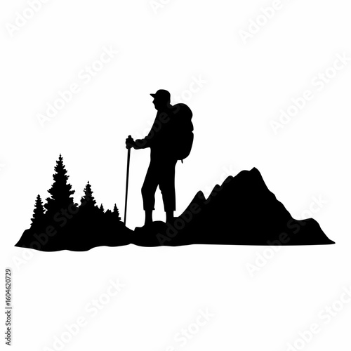 Mountain Trekker Silhouette – Adventurer with Walking Stick