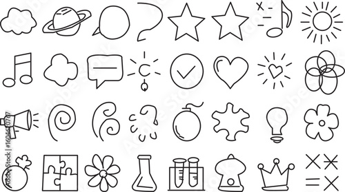 A collection of hand drawn doodle icons including stars, hearts, and science items