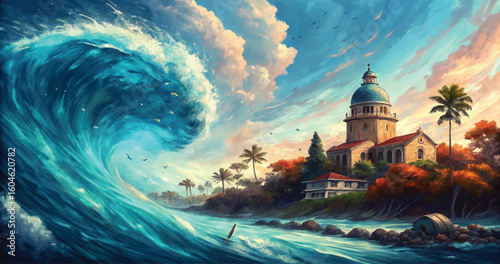 Artistic depiction of a massive ocean wave crashing towards a coastal village with palm trees.