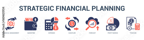 Strategic Financial Planning Modern and clean web banner illustration featuring thematic icons for visual communication