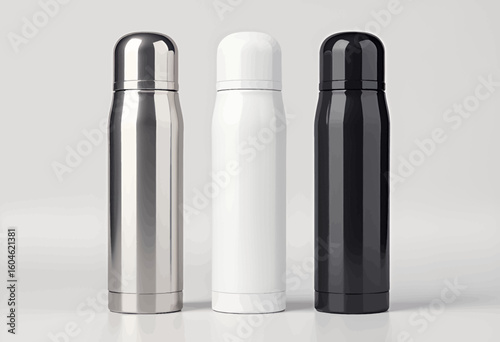 Three Modern Thermos Bottles in Silver, White, and Black