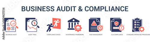 Business Audit and Compliance Modern and clean web banner illustration featuring thematic icons for visual communication