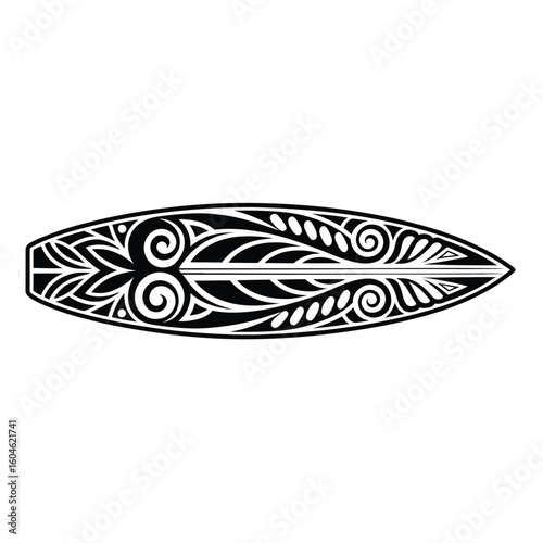 Surfboard with ornate tribal design in black and white style