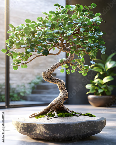 A bonsai tree in a grey stone pot on a wooden surface