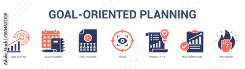 GoalOriented Planning Modern and clean web banner illustration featuring thematic icons for visual communication