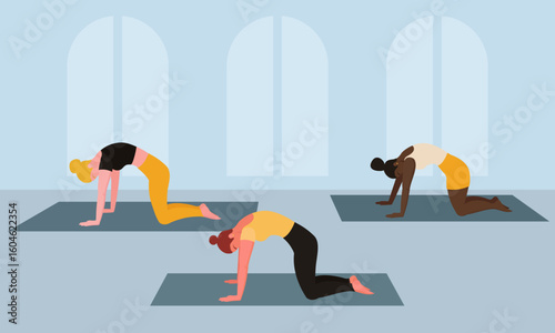Women doing Pilates or yoga on a mat in the gym. Sports and workouts. Vector illustration on a transparent background.