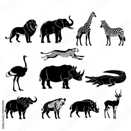 Collection of African safari animals in black silhouette on white background lion elephant