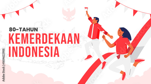 Flat Design Energetic Man and Woman with Flags for Indonesia's Freedom Anniversary
