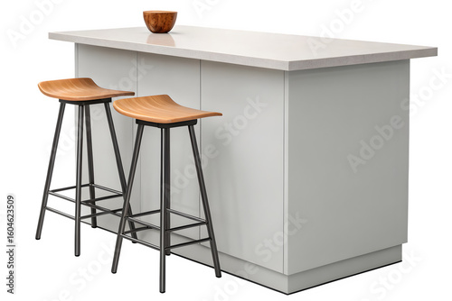 Modern kitchen island featuring stylish wooden stools and a bowl ready for creative interior design