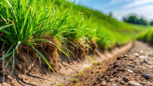 A close-up of the grassy verge on either side of a dirt road, showing the different types of blades of grass and the texture of the soil , verge, vegetation