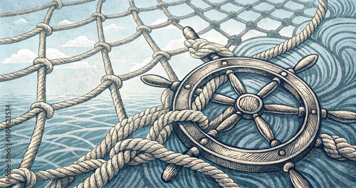 Nautical illustration depicting a ship's wheel rope netting and wavy ocean background