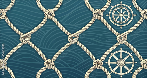 Nautical themed seamless pattern featuring rope netting ship wheels and a textured ocean design