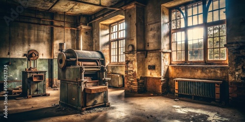 Rusty old postal machinery in a dimly lit room, vintage, soviet era