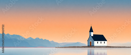 Minimalist of a small white church with a black roof. In front is a lake and mountains, with an orange and blue gradient sky.