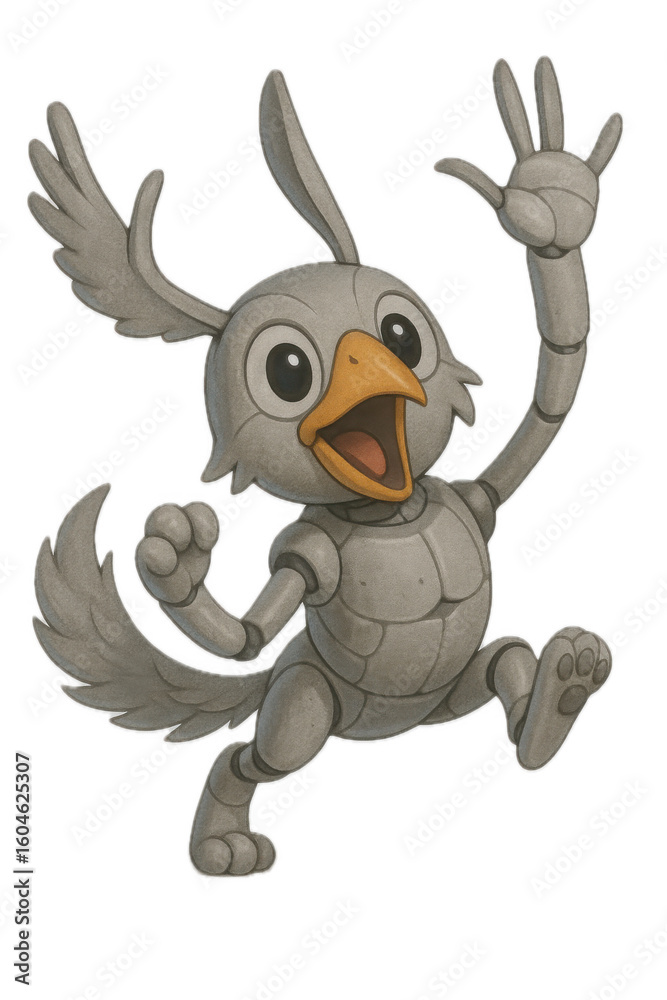 Naklejka premium Cheerful robotic bird character with metallic body and expressive eyes, joyfully waving its wing while standing on two feet. character has playful demeanor and whimsical design