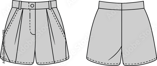 High waist pleated shorts fashion flat sketch, front and back view vector design with waistband, pockets and tailored details illustration