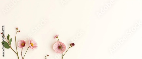 Elegant botanical stationery card mock-up; cream backdrop, delicate floral illustrations, minimalist design,  template,  stationery