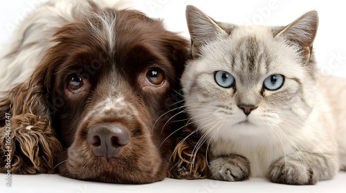 Portrait of a dog Russian Spaniel and cat Scottish Straight isolated on white background