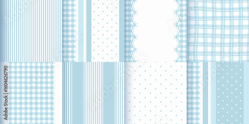 Seamless pattern collection in soft pastel blue tones. Includes stripes, gingham, dots, lace borders, and plaid textures. Ideal for baby-themed projects, scrapbooking, wrapping paper, and crafts.