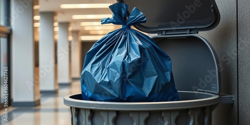 Full trash bag being carefully placed into a large building garbage receptacle,  junk,   civic